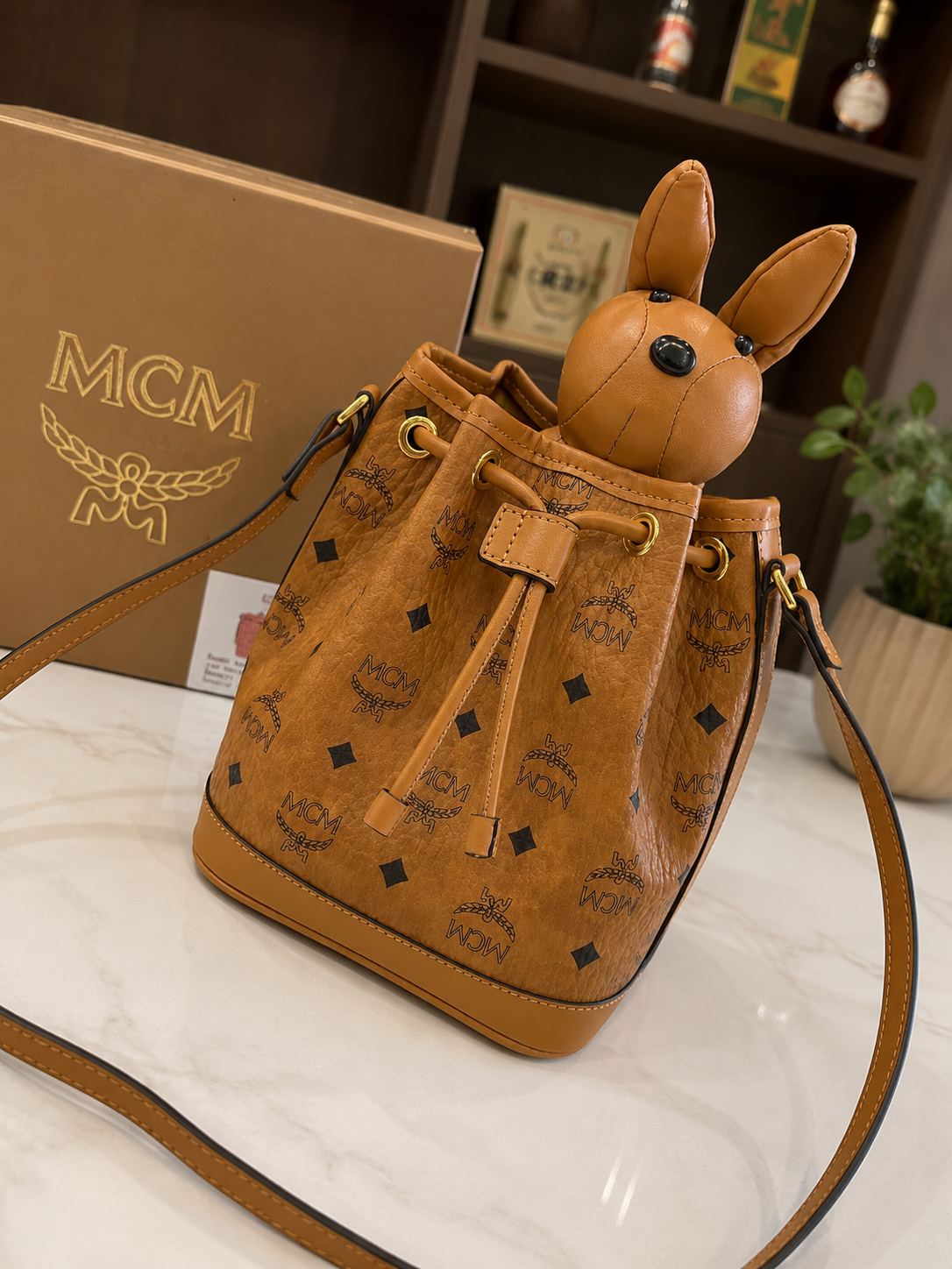 Leather Bucket Crossbody with Rabbit (Pre-Order)